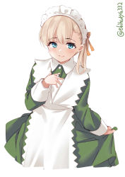 Rule 34 | 1girl, alternate costume, apron, blonde hair, blue eyes, blunt bangs, blush, collared dress, cowboy shot, dress, ebifurya, enmaided, green dress, hair ornament, highres, kantai collection, long hair, maid, maid apron, maid headdress, shin&#039;you (kancolle), side ponytail, simple background, smile, solo, twitter username, white background