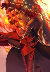 Rule 34 | 1boy, abs, armor, ashwatthama (fate), blonde hair, dark-skinned male, dark skin, dynamic pose, fate/grand order, fate (series), fighting stance, fire, from behind, gloves, glowing, glowing armor, glowing eye, gold, hair between eyes, hair over one eye, highres, holding, holding weapon, huge weapon, looking at viewer, male focus, multicolored hair, multiple boys, muscular, nipples, one eye covered, open mouth, pectorals, red hair, solo, streaked hair, teeth, topless male, upper body, weapon, wheel, yellow eyes, zonotaida