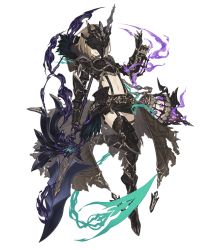 Rule 34 | 1girl, armor, armored boots, birdcage, boots, breastplate, brown hair, cage, feather trim, full body, garter straps, gretel (sinoalice), halberd, hansel (sinoalice), holding, holding weapon, hood, hood down, ji no, male focus, mask, midriff, miniskirt, navel, official art, polearm, sinoalice, skirt, smile, solo, suspenders, thigh boots, thighhighs, transparent background, waist cape, weapon