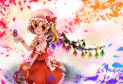 Rule 34 | 1girl, animal, basket, bird, blonde hair, blush, bow, crystal, female focus, flandre scarlet, flower, frills, hat, hat bow, kneeling, open mouth, petals, puffy sleeves, red eyes, rose, short hair, short sleeves, side ponytail, solo, touhou, wings, wrist cuffs