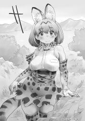 Rule 34 | 1girl, animal ears, blush, bow, bowtie, breasts, elbow gloves, extra ears, gloves, high-waist skirt, highres, kemono friends, large breasts, looking at viewer, nyororiso (muyaa), print bow, print bowtie, print thighhighs, sepia, serval (kemono friends), serval print, shirt, short hair, skirt, sleeveless, sleeveless shirt, smile, solo, tail, thighhighs, two-tone bowtie
