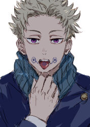 Rule 34 | 1boy, adjusting scarf, commentary request, facial tattoo, inumaki toge, jujutsu kaisen, long sleeves, looking at viewer, male focus, nori20170709, open mouth, purple eyes, scarf, short hair, simple background, solo, tattoo, teeth, tongue, tongue out, upper teeth only, white background