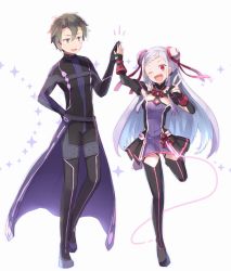 Rule 34 | 1boy, 1girl, :d, ;d, black bodysuit, black footwear, black sleeves, bodysuit, boots, braid, braided bangs, breasts, brown eyes, brown hair, cape, detached sleeves, double bun, dress, eiji (sao), floating hair, french braid, hair bun, hair ribbon, hand on own hip, head tilt, long hair, long sleeves, looking at viewer, makino (727me727), one eye closed, open mouth, parted bangs, purple cape, purple dress, red eyes, red ribbon, ribbon, short dress, silver hair, small breasts, smile, sword art online, sword art online the movie: ordinal scale, thigh boots, thighhighs, v, very long hair, waist cape, white background, yuna (sao)