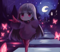 Rule 34 | 1girl, absurdres, bug, butterfly, city lights, collar, colored skin, constellation, crescent moon, dress, eye (okame nin), grey hair, highres, insect, long hair, long sleeves, looking at viewer, moon, night, night sky, no mouth, okame nin, original, outdoors, purple dress, rags, reaching, reaching towards viewer, red eyes, red skin, road, sky, solo, spiked collar, spikes, standing, town, white skin, wide sleeves