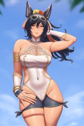 Rule 34 | 1girl, animal ears, armband, bare hips, bare shoulders, black hair, blue sky, breasts, cleavage, commentary, cowboy shot, day, english commentary, flower, gold trim, granblue fantasy, hair between eyes, hair flower, hair ornament, hair ribbon, highres, ilsa34660285, ilsa (granblue fantasy), large breasts, long hair, looking at viewer, lvl (sentrythe2310), one-piece swimsuit, outdoors, palms, red eyes, ribbon, skindentation, sky, solo, sunglasses, sunglasses on head, swimsuit, white one-piece swimsuit