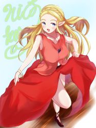 Rule 34 | 1girl, blonde hair, blue eyes, braid, breasts, clothes lift, dancing, dress, dress lift, elf, full body, grin, high heels, highres, legs, long hair, neck chain, nintendo, open mouth, pink dress, pointy ears, princess zelda, smile, solo, the legend of zelda, the legend of zelda: breath of the wild