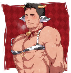 Rule 34 | 1boy, abs, animal ears, animal print, bad id, bad pixiv id, bara, bell, black hair, blue eyes, blush, bra, castella, chris redfield, cow boy, cow ears, cow horns, cow print, facial hair, horns, large pectorals, looking at viewer, male focus, muscular, muscular male, neck bell, nipple slip, nipples, pectorals, resident evil, resident evil 5, resident evil 6, resident evil village, short hair, sideburns, smile, solo, translation request, underwear, upper body