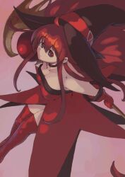 Rule 34 | 1girl, bare shoulders, breasts, cierra (riviera), cowlick, dress, dutch angle, elbow gloves, gloves, hat, holding, holding staff, large breasts, leaning forward, long hair, mage staff, red dress, red eyes, red hair, red thighhighs, riviera, sidelocks, smile, solo, staff, strapless, strapless dress, thighhighs, vaison, witch, witch hat, wooden staff, zettai ryouiki