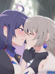 2girls black_gloves blurry blurry_background blush bronya_rand closed_eyes closed_mouth commentary commentary_request earrings english_commentary fingerless_gloves gloves grey_hair hand_on_another&#039;s_face highres hiseu24 honkai:_star_rail honkai_(series) imminent_kiss jewelry korean_commentary long_hair mixed-language_commentary multiple_girls parted_lips purple_eyes purple_hair seele_(honkai:_star_rail) upper_body yuri