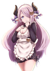 Rule 34 | alternate costume, apron, blue eyes, braid, breasts, cleavage cutout, clothing cutout, draph, french braid, frills, granblue fantasy, hair over one eye, hand on own face, horns, kagarino hikaru, large breasts, light purple hair, long hair, narmaya (granblue fantasy), pointy ears, ribbon, solo, sweater, thighs, turtleneck, turtleneck sweater