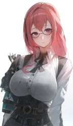 1girl absurdres belt black_belt black_ribbon blush breasts earpiece glasses head_tilt highres long_hair long_sleeves looking_at_viewer neck_ribbon parted_lips pink_hair purple_eyes ribbon shirt solo tsukishiro_yanagi upper_body white_shirt yonesdraws zenless_zone_zero