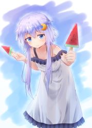 Rule 34 | 1girl, blue eyes, closed mouth, collarbone, commentary request, crescent, crescent hair ornament, dress, food, hair ornament, highres, kantai collection, light purple hair, looking at viewer, popsicle, shiira kan, short hair with long locks, solo, watermelon bar, white dress, yayoi (kancolle)