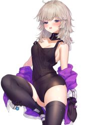 Rule 34 | 1girl, aa-12 (girls&#039; frontline), ahoge, bad id, bad pixiv id, bare shoulders, black footwear, black shorts, black thighhighs, blue eyes, blush, breasts, candy, choker, cleavage, collarbone, commentary, contrapposto, detached collar, food, girls&#039; frontline, grey hair, half-closed eyes, hand on own knee, holding, jacket, knee up, leg lift, lifting own clothes, lollipop, long hair, looking at viewer, medium breasts, messy hair, no bra, off-shoulder jacket, off shoulder, open clothes, open mouth, purple jacket, shoes, short shorts, shorts, simple background, skindentation, sneakers, solo, star (symbol), strap slip, striped, symbol-only commentary, thighhighs, thighs, tongue, tongue out, uhhgaoh, white background, white jacket, zipper pull tab
