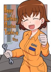 Rule 34 | 1girl, absurdres, birthday, brown eyes, brown hair, character name, closed eyes, commentary, dated, english text, facing viewer, freckles, girls und panzer, gloves, grey gloves, happy birthday, highres, holding, holding wrench, indoors, jumpsuit, long sleeves, mechanic, open mouth, orange jumpsuit, outside border, smile, solo, standing, tank cupola, tsuchiya (girls und panzer), uniform, wrench, yb norio