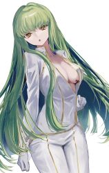 Rule 34 | 1girl, :o, breasts, c.c., code geass, cowboy shot, gloves, green hair, long hair, long sleeves, looking at viewer, medium breasts, open clothes, open mouth, open shirt, pants, scar, scar on breasts, shirt, shou (mori boro), simple background, solo, very long hair, white background, white gloves, white pants, white shirt, yellow eyes