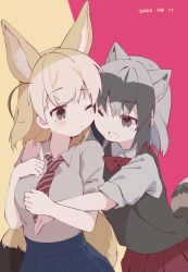 Rule 34 | 2girls, ;d, alternate costume, animal ear fluff, animal ears, black eyes, black hair, black vest, blonde hair, blue sky, bow, bowtie, cheek-to-cheek, commentary, common raccoon (kemono friends), contemporary, diagonal-striped clothes, diagonal-striped necktie, extra ears, fennec (kemono friends), fox ears, fox girl, fox tail, grey hair, heads together, highres, hug, hug from behind, kemono friends, medium hair, multicolored hair, multiple girls, nanana (nanana iz), necktie, one eye closed, open mouth, pleated skirt, raccoon ears, raccoon girl, raccoon tail, red bow, red bowtie, red skirt, shirt, simple background, skirt, sky, sleeves rolled up, smile, striped clothes, tail, vest, white shirt
