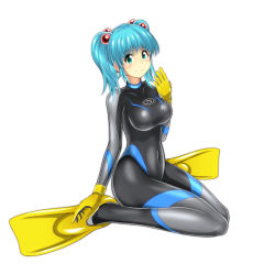 Rule 34 | 1girl, bad id, bad pixiv id, blue eyes, blue hair, bodysuit, breasts, diving suit, flippers, gloves, hair bobbles, hair ornament, highres, kawashiro nitori, large breasts, looking at viewer, short hair, shoukin500, sitting, skin tight, smile, solo, touhou, twintails, two side up, wariza, wetsuit