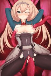 Rule 34 | 1girl, arms behind head, black pantyhose, blonde hair, blue eyes, breasts, cropped jacket, dress shirt, flower, highres, kantai collection, long hair, medium breasts, military, military uniform, nipple penetration, nontemu, one eye closed, pantyhose, red flower, red rose, rose, shirt, skirt, solo, tentacle sex, tentacles, tiara, torn clothes, torn pantyhose, underskirt, uniform, vaginal, victorious (kancolle), white shirt, white skirt