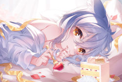 Rule 34 | 1girl, animal ears, bare shoulders, blouse, blue hair, cake, cat ears, finger to mouth, fingernails, food, fork, fruit, grey hair, happy birthday, highres, holding, holding fork, long sleeves, looking at viewer, lying, on stomach, original, pillow, shirt, strawberry, suaynnai wanzi, white shirt, yellow eyes