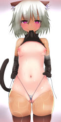 Rule 34 | 1girl, animal ears, bare shoulders, blush, breasts, cameltoe, cat ears, cat tail, cleft of venus, clothes lift, dark-skinned female, dark skin, full-face blush, gradient background, heart, heart-shaped pupils, highres, lactation, looking at viewer, navel, nipples, one-piece tan, original, panties, pink eyes, shirt, shirt lift, short hair, silver hair, skindentation, small breasts, solo, souma (ordures), striped clothes, striped panties, symbol-shaped pupils, tail, tan, tanline, thighhighs, uncensored, underwear, wedgie