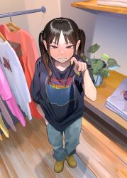 Rule 34 | 1girl, absurdres, annoyed, black hair, blue shirt, blush, brown eyes, brown footwear, clothes hanger, from above, frown, full body, hand in pocket, highres, indoors, looking at viewer, mmmo3, original, oversized clothes, oversized shirt, pants, parted lips, plant, potted plant, shelf, shirt, shoes, solo, standing, sweatdrop, tsurime, twintails, wooden floor, yellow nails