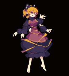 Rule 34 | 1girl, 4qw5, apron, barefoot, black background, black bow, black dress, blonde hair, bow, brown apron, dress, extra arms, frilled dress, frills, full body, hair bow, highres, kurodani yamame, long sleeves, looking at viewer, open mouth, pixel art, puffy long sleeves, puffy sleeves, ribbon, short hair, short ponytail, simple background, solo, touhou, turtleneck, yellow ribbon