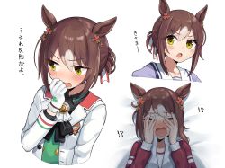 Rule 34 | !?, 1girl, animal ears, bed sheet, blush, breasts, brooch, brown hair, clover hair ornament, collarbone, collared shirt, covering own eyes, embarrassed, fine motion (umamusume), gloves, green eyes, hair bun, hair ornament, highres, horse ears, jacket, jewelry, long sleeves, looking at viewer, looking away, lying, maruzen18, medium breasts, multicolored hair, multiple views, on back, open mouth, purple shirt, red jacket, sailor collar, school uniform, shirt, single hair bun, tracen school uniform, track jacket, translation request, two-tone hair, umamusume, upper body, white gloves, white jacket