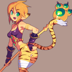 Rule 34 | 1girl, :d, animal ears, ass, breasts, breath of fire, breath of fire ii, brown background, cleavage, commentary request, gloves, green eyes, hand on own hip, holding, holding staff, looking at viewer, metata, open mouth, orange hair, purple gloves, rinpoo chuan, short hair, simple background, small breasts, smile, solo, staff, tail, teeth, tiger ears, tiger stripes, tiger tail, upper teeth only