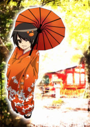 Rule 34 | 1girl, black hair, brown eyes, crab, hair ornament, hairpiece, japanese clothes, kimono, kyeonjoo, long sleeves, one eye closed, parasol, sandals, shrine, sleeves past wrists, smile, solo, tree, umbrella, wide sleeves, wink