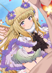 Rule 34 | 1boy, 1girl, antennae, black gloves, blonde hair, blunt bangs, blush, brown hairband, butterfly wings, closed mouth, clothed female nude male, commission, dress, flower, gloved handjob, gloves, granblue fantasy, hair flower, hair ornament, hairband, handjob, hetero, highres, insect wings, looking at another, multicolored clothes, multicolored dress, nude, oni b, penis, purple eyes, skeb commission, smile, sylph (granblue fantasy), wings