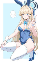 Rule 34 | 1girl, animal ears, bare shoulders, blonde hair, blue archive, blue background, blue bow, blue bowtie, blue eyes, blue hair, blue leotard, bow, bowtie, breasts, cleavage, collarbone, commentary, covered navel, detached collar, fake animal ears, halo, highres, leotard, long hair, looking at viewer, medium breasts, multicolored hair, official alternate costume, rabbit ears, reia 76, speech bubble, squatting, thighhighs, toki (blue archive), toki (bunny) (blue archive), two-tone background, two-tone hair, v, white background, white thighhighs