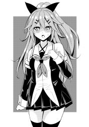 Rule 34 | 1girl, absurdres, commentary request, detached sleeves, greyscale, hair ornament, hair ribbon, hairclip, highres, kantai collection, long hair, looking at viewer, monochrome, narutaki (o9abc), open mouth, pleated skirt, ribbon, school uniform, serafuku, shaded face, skirt, solo, sweat, tearing up, thighhighs, yamakaze (kancolle), zettai ryouiki