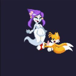 Rule 34 | 1boy, 1girl, animated, blue background, blue eyes, breasts, closed eyes, cum, cum in pussy, curvy, dress, fox boy, furry, ghost girl, girl on top, hetero, kiss, medium breasts, mobian (species), multiple tails, pink dress, project x, purple hair, raa (sonic), sex, sonic (series), sound, tagme, tail, tails (sonic), video, yellow fur