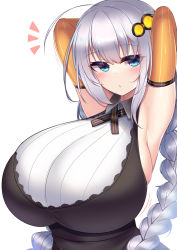 Rule 34 | 1girl, :o, armpits, arms behind head, arms up, blue eyes, blush, braid, breasts, elbow gloves, gloves, huge breasts, kizuna akari, kutan, long hair, looking to the side, orange gloves, silver hair, simple background, twin braids, voiceroid, white background