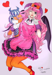 Rule 34 | 1girl, alternate costume, bat (symbol), dress, kumacy, one eye closed, one piece, perona, pink hair, solo, stuffed toy, wink