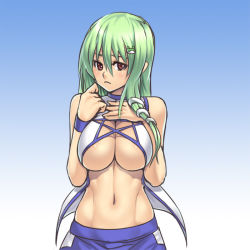 Rule 34 | 1girl, abs, adapted costume, areola slip, bare shoulders, blush, breasts squeezed together, breast suppress, breasts, brown eyes, cleavage, female focus, frown, green hair, hair ornament, houtengeki, kochiya sanae, large breasts, long hair, looking at viewer, midriff, navel, revealing clothes, solo, toned, touhou, underboob, upper body