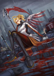 Rule 34 | 1girl, 2boys, alternate weapon, alternate wing color, armor, bastion (overwatch), blood, blood on clothes, blood on face, bodysuit, breasts, brown pantyhose, city, cloud, cloudy sky, commentary request, corpse, crossed legs, dark persona, death, dutch angle, evil, foreshortening, full body, glowing, glowing eyes, greaves, hair tie, halo, hand on another&#039;s head, high ponytail, highres, injury, katana, knees together feet apart, licking, looking away, mechanical halo, mechanical wings, medium breasts, mercy (overwatch), multiple boys, nairobi song, nose, outdoors, overwatch, overwatch 1, pantyhose, parted lips, pelvic curtain, planted, planted sword, planted weapon, rain, reaper (overwatch), red eyes, red wings, reinhardt (overwatch), scythe, short hair, sitting, sky, slit pupils, solo focus, staff, stairs, sword, tongue, tongue out, weapon, white hair, wings