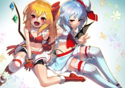 Rule 34 | 2girls, :d, alternate costume, ascot, bare arms, bare shoulders, bat wings, bike shorts, black shorts, blonde hair, blue background, blue hair, blue skirt, bow, bridal garter, commentary request, crop top, crystal, feet out of frame, flandre scarlet, glove bow, gloves, gradient background, hair between eyes, hair bow, hat, hat ribbon, looking at viewer, midriff, miniskirt, multiple girls, open mouth, red ascot, red bow, red eyes, red footwear, red gloves, red ribbon, remilia scarlet, ribbon, scottie (phantom2), shoes, short shorts, shorts, siblings, single thighhigh, sisters, sitting, skirt, smile, stomach, thighhighs, thighs, touhou, v, white background, white hat, white legwear, white skirt, wings, yellow bow, zettai ryouiki