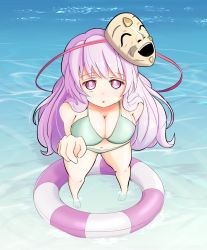 Rule 34 | 1girl, alternate costume, arms behind back, barefoot, bikini, blank stare, breasts, cleavage, green bikini, hata no kokoro, large breasts, long hair, looking at viewer, pink eyes, pink hair, pov, reaching, solo, standing, stomach, swimsuit, tareme, thick thighs, thighs, torso (hjk098), touhou, water