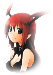 Rule 34 | 1girl, bare shoulders, black eyes, breasts, chu (chu chu3), cleavage, demon girl, female focus, gradient background, long hair, looking at viewer, lord of vermilion, pointy ears, red hair, smile, solo, succubus (lord of vermilion), upper body, white background