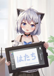 Rule 34 | 1girl, :d, absurdres, ahoge, animal ear fluff, animal ears, black choker, black skirt, blue bow, blue eyes, blush, bow, cat ears, cat girl, choker, collarbone, cowboy shot, dated, day, drawing tablet, eleven-sora, extra ears, fang, hair ornament, hairclip, heart, highres, holding, holding drawing tablet, indoors, looking at viewer, medium hair, off-shoulder shirt, off shoulder, open mouth, original, pleated skirt, shirt, shirt bow, short sleeves, silver hair, skirt, smile, solo, white shirt