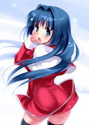 Rule 34 | 1girl, ass, black thighhighs, blue eyes, blue hair, blush, capelet, clothes lift, commentary request, cowboy shot, dress, eyelashes, eyes visible through hair, floating clothes, floating hair, from behind, hair between eyes, hair intakes, hand up, kanon, blue background, long hair, looking at viewer, looking back, minase nayuki, one-hour drawing challenge, open mouth, outdoors, red dress, school uniform, short dress, shy, simple background, skirt, skirt lift, snowing, solo, standing, straight hair, thighhighs, very long hair, white capelet, wind, wind lift, winter, zen (kamuro), zettai ryouiki