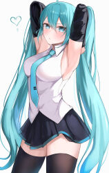 Rule 34 | 1girl, absurdres, aqua eyes, aqua hair, aqua necktie, armpits, arms up, black skirt, black thighhighs, blush, breasts, collared shirt, commentary request, contrapposto, cowboy shot, detached sleeves, expressionless, hatsune miku, heart, highres, large breasts, long hair, looking at viewer, necktie, onemuikun-b, pleated skirt, presenting armpit, shirt, sideboob, simple background, skirt, sleeveless, sleeveless shirt, solo, thighhighs, twintails, very long hair, vocaloid, white background, white shirt, zettai ryouiki