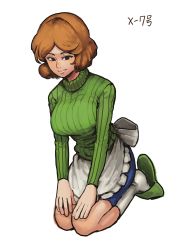 Rule 34 | 1girl, absurdres, apron, brown hair, chanta (ayatakaoisii), character request, copyright request, frilled apron, frills, full body, green footwear, green sweater, highres, long sleeves, seiza, short hair, sitting, slippers, socks, solo, sweater, waist apron, white apron, white socks