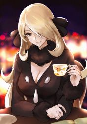 Rule 34 | 1girl, blonde hair, commentary, creatures (company), cup, cynthia (pokemon), english commentary, fur-trimmed sleeves, fur trim, game freak, grey eyes, hair ornament, highres, holding, holding cup, long hair, long sleeves, looking at viewer, nintendo, pokemon, pokemon dppt, sitting, smile, solo, swept bangs, table, tommy (kingdukeee), twitter username, very long hair