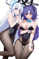 Rule 34 | 2girls, animal ears, black leotard, black pantyhose, blue archive, blue bow, blush, bow, breasts, cleavage, detached collar, eternity (shadeh), fake animal ears, grey hair, halo, highres, large breasts, leotard, long hair, looking at viewer, mechanical halo, multiple girls, noa (blue archive), open mouth, pantyhose, purple eyes, purple hair, rabbit ears, simple background, smile, strapless, strapless leotard, two side up, white background, wrist cuffs, yuuka (blue archive)