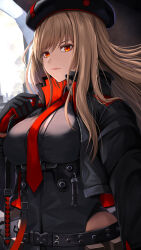 Rule 34 | 1girl, beret, black gloves, black hat, black jacket, black shirt, breasts, closed mouth, collared shirt, cropped jacket, frown, gloves, goddess of victory: nikke, hat, highres, holding strap, jacket, kanzaki kureha, large breasts, light brown hair, long hair, looking at viewer, necktie, orange eyes, rapi (nikke), red gloves, red jacket, red necktie, shirt, solo, two-sided fabric, two-sided jacket, two-tone gloves