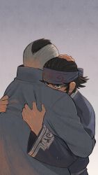 Rule 34 | 2boys, absurdres, black hair, blue headband, brown eyes, coat, collar, commentary request, crying, from behind, golden kamuy, grey background, grey coat, hand on another&#039;s head, headband, highres, holding, hug, kadokura (golden kamuy), kirawus (golden kamuy), long sleeves, looking at viewer, ma kns, multiple boys, headpat, simple background, standing, tears, traditional clothes, upper body, wide sleeves