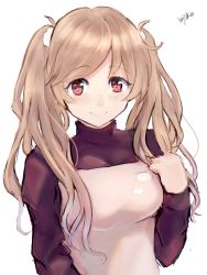 Rule 34 | 1girl, alternate costume, alternate hairstyle, artist name, bad id, bad twitter id, beige dress, brown sweater, cloud hair ornament, cloud print, gradient hair, highres, kantai collection, light brown hair, long hair, looking at viewer, minegumo (kancolle), miyako (rgrayt), multicolored hair, red eyes, simple background, solo, sweater, twintails, white background