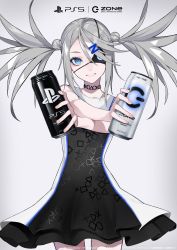 Rule 34 | 1girl, bare shoulders, black choker, black dress, blue eyes, blush, can, choker, circle, collaboration, cross print, dive to zone, dress, english text, eyepatch, fingernails, game console, glowing, grey hair, hair ornament, hairclip, highres, holding, holding can, lam (ramdayo), letter hair ornament, long hair, parted lips, playstation 5, playstation symbols, power symbol, power symbol-shaped pupils, smile, solo, square, symbol-shaped pupils, twintails